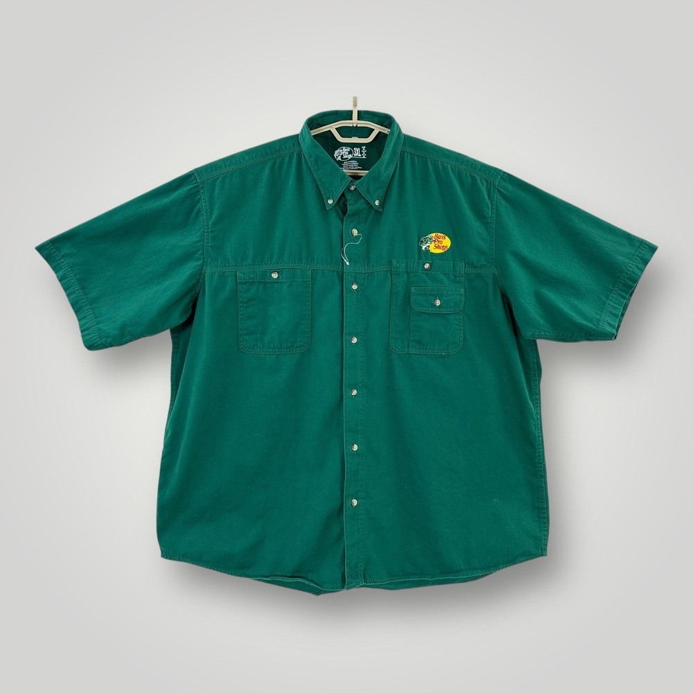 Cabela's Shirt Mens 3XL Green Twill Short Sleeve Bass Pro Shops Logo Fishing